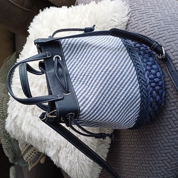 Talbots Handbags - Talbots seersucker cotton striped Leather & wicker crossbody bucket bag